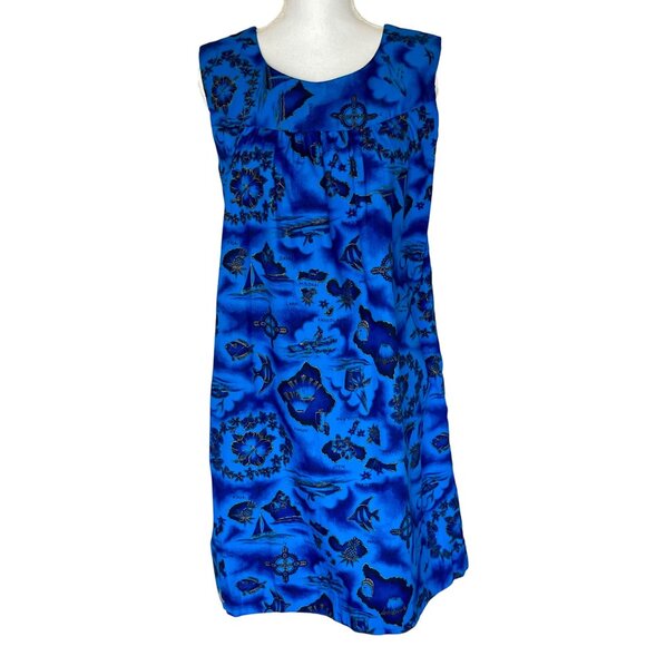 Vintage Made in Hawaii Handmade Shift Dress Blue and Gold Sz S/M Beach Vacation - Picture 2 of 10